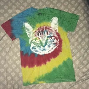 Rainbow tie dye shirt w/ cat print. Size: Small